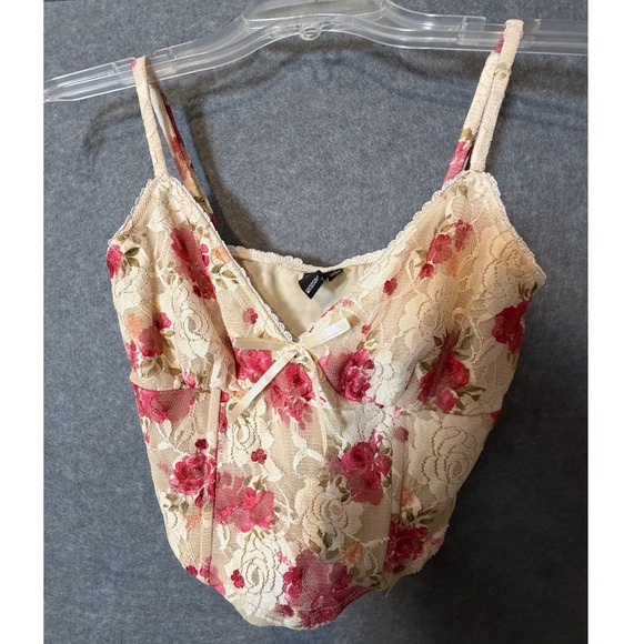 Windsor Tops - Windsor Floral Lace Corset Top Small Cream Pink Rose Bustier Bow Coquette Style